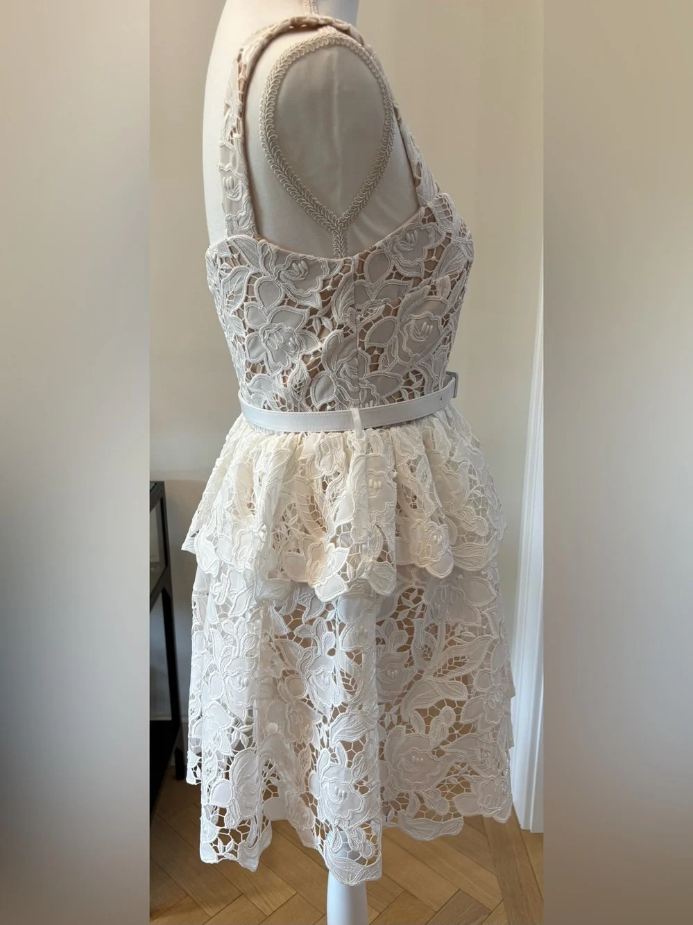 Self-Portrait Lace Dress, Tiered Mini Dress with Belt, Size 4, Bride Wedding